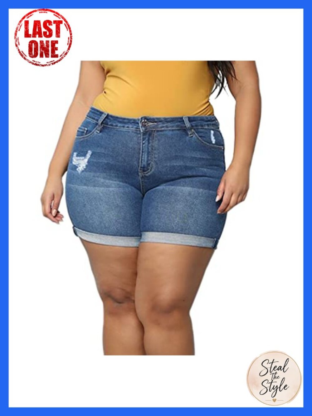Women's Plus Size High Waisted Ripped Denim Shorts Stretchy Folded Hem Jean